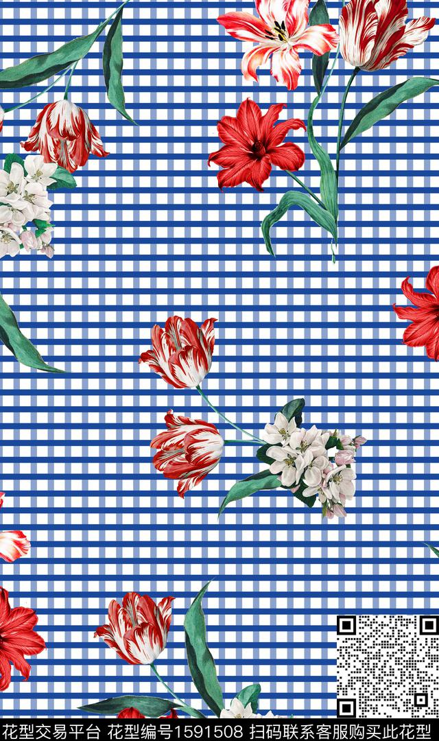 花卉格子底纹数码印花华亿平台下载（图片编号: 1591508） - 瓦栏（Walan）