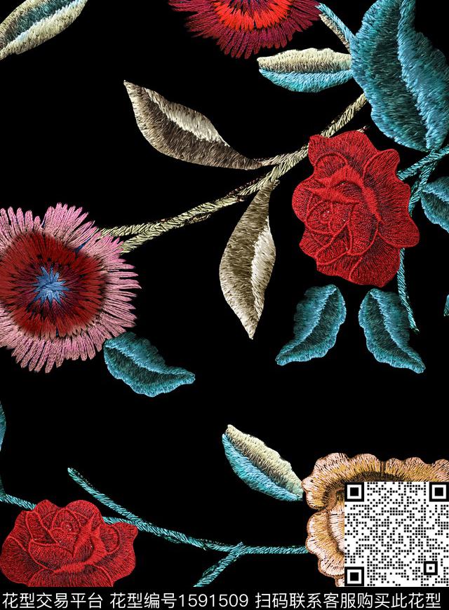 黑底花卉刺绣风格花卉数码印花华亿平台下载（图片编号: 1591509） - 瓦栏（Walan）
