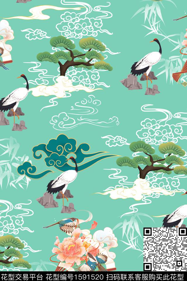 祥云仙鹤数码印花华亿平台下载（图片编号: 1591520） - 瓦栏（Walan）