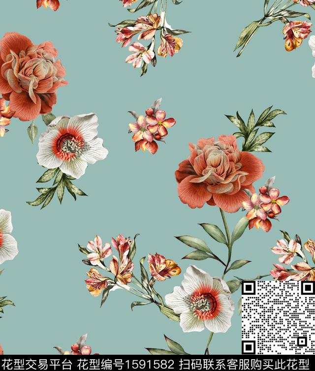 花卉纯色底花卉复古数码印花华亿平台下载（图片编号: 1591582） - 瓦栏（Walan）