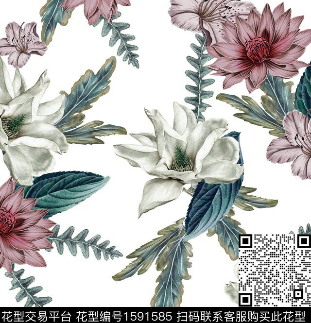 白底花花卉水彩花卉数码印花华亿平台下载（图片编号: 1591585） - 瓦栏（Walan）