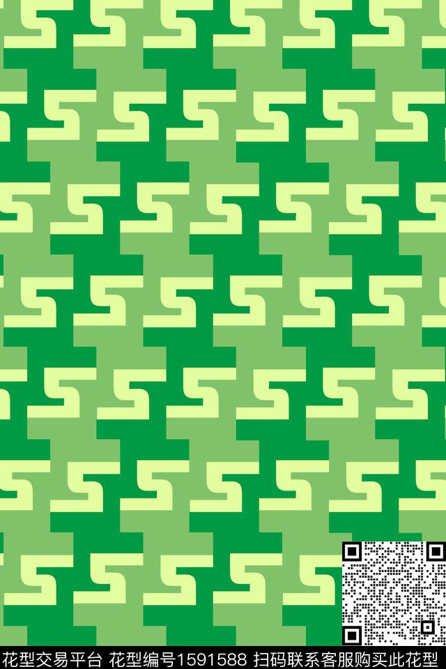 趣味几何绿色传统印花华亿平台下载（图片编号: 1591588） - 瓦栏（Walan）