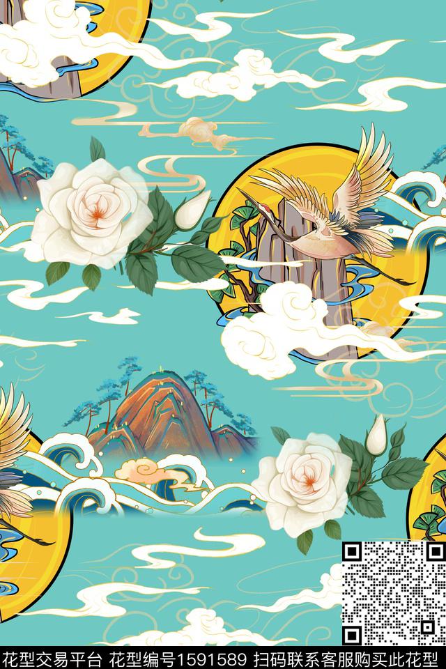 花卉仙鹤中国风数码印花华亿平台下载（图片编号: 1591589） - 瓦栏（Walan）