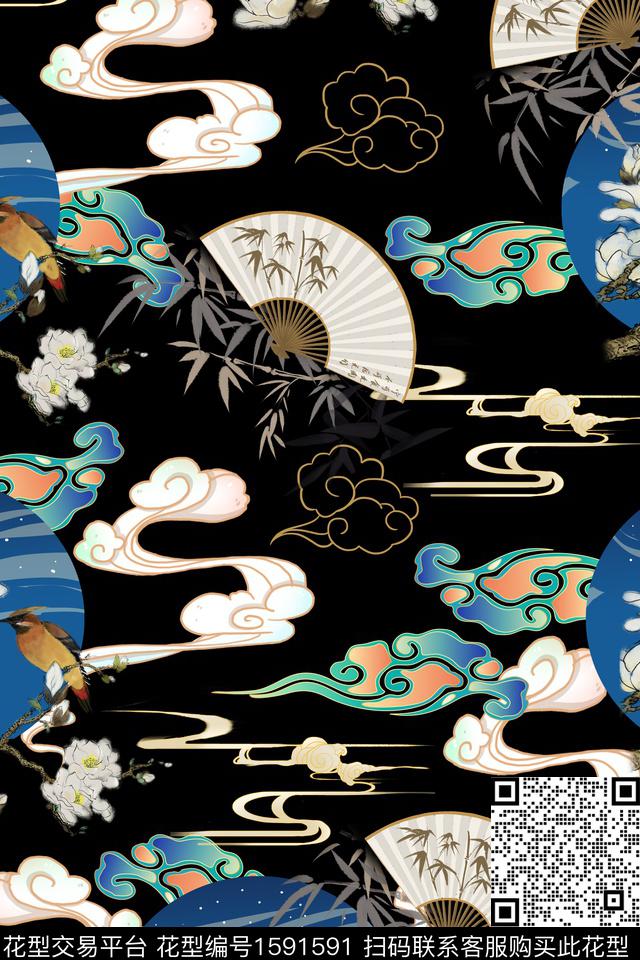 扇子竹子花鸟数码印花华亿平台下载（图片编号: 1591591） - 瓦栏（Walan）