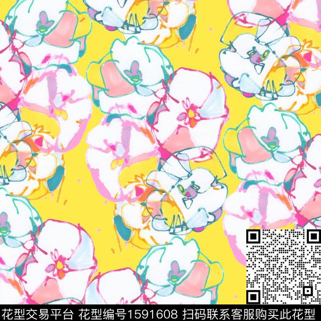 手绘大花抽象花卉彩虹色数码印花华亿平台下载（图片编号: 1591608） - 瓦栏（Walan）