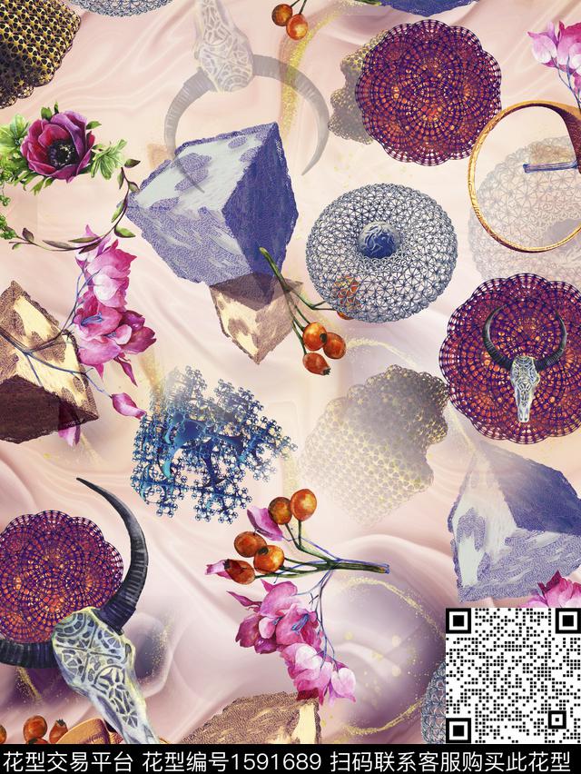 复古立体头骨数码印花华亿平台下载（图片编号: 1591689） - 瓦栏（Walan）