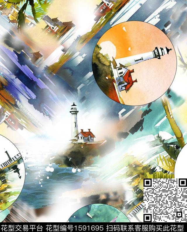 风景水彩建筑数码印花华亿平台下载（图片编号: 1591695） - 瓦栏（Walan）