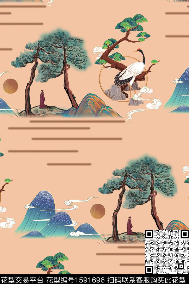 仙鹤祥云中国风数码印花华亿平台下载（图片编号: 1591696） - 瓦栏（Walan）