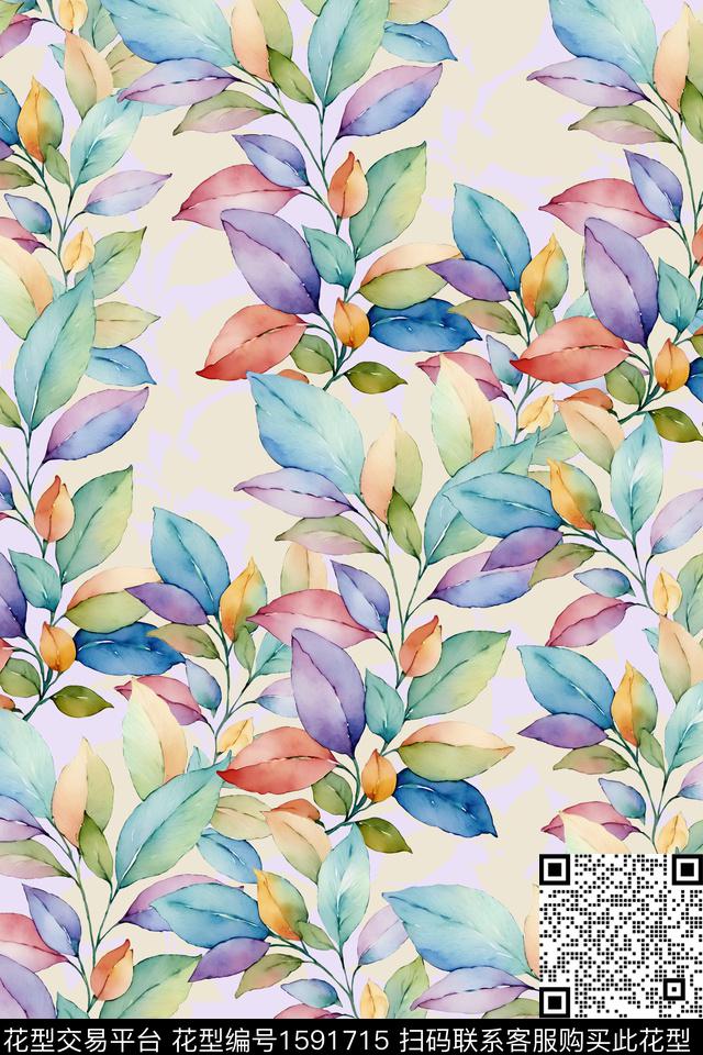 水彩手绘绿植树叶数码印花华亿平台下载（图片编号: 1591715） - 瓦栏（Walan）