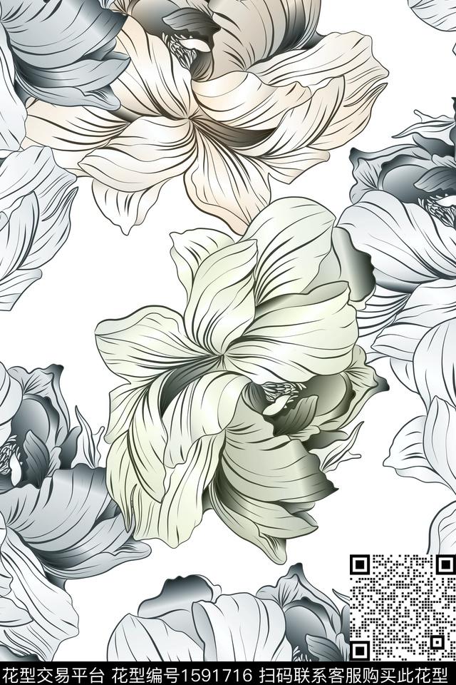 大花花卉线条花卉传统印花华亿平台下载（图片编号: 1591716） - 瓦栏（Walan）