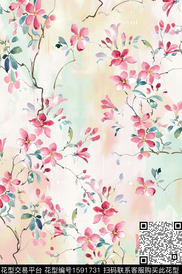 小清新水彩花卉底纹数码印花华亿平台下载（图片编号: 1591731） - 瓦栏（Walan）