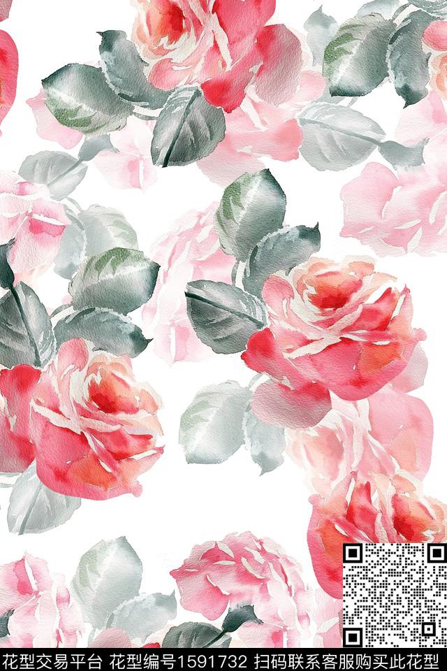 小清新水彩花卉影花数码印花华亿平台下载（图片编号: 1591732） - 瓦栏（Walan）