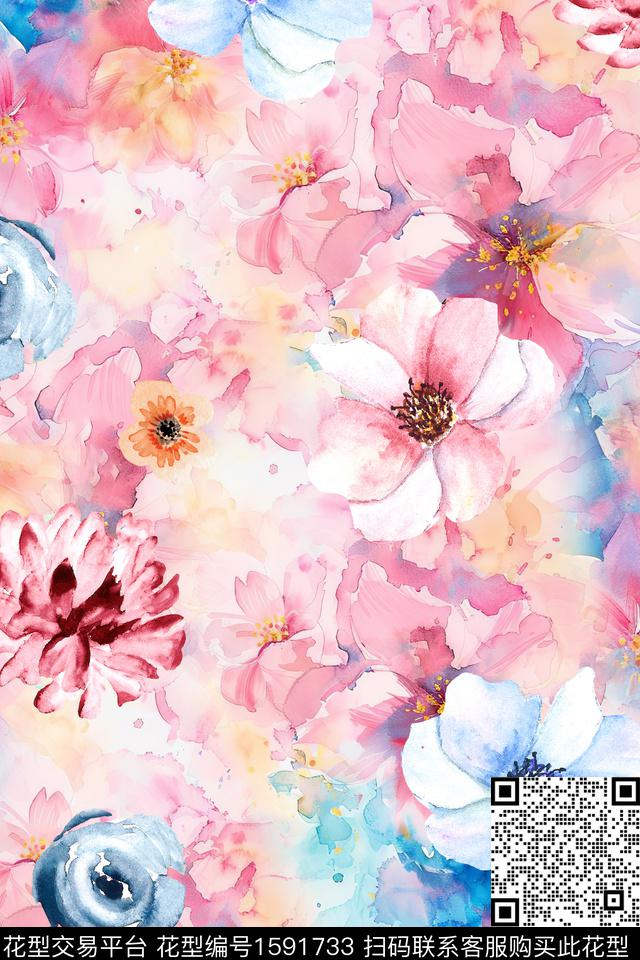 水彩花卉底纹花卉数码印花华亿平台下载（图片编号: 1591733） - 瓦栏（Walan）