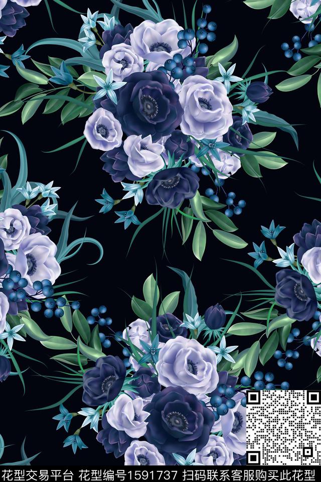 花卉女装黑底花卉数码印花华亿平台下载（图片编号: 1591737） - 瓦栏（Walan）