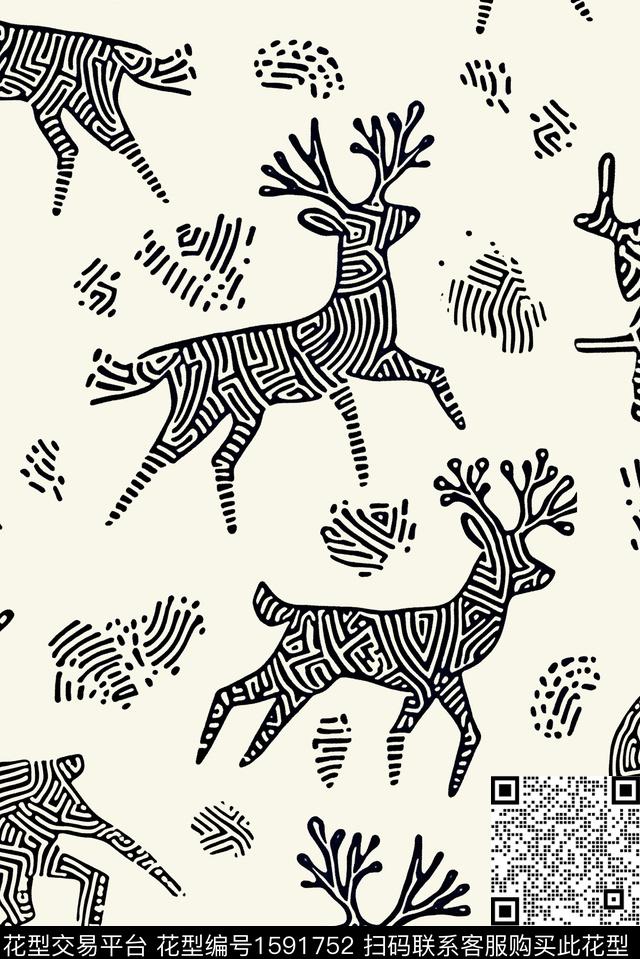 鹿纹理线条传统印花华亿平台下载（图片编号: 1591752） - 瓦栏（Walan）
