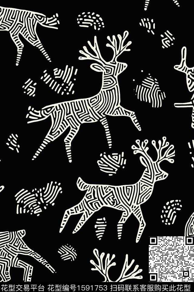鹿动物纹大牌风数码印花华亿平台下载（图片编号: 1591753） - 瓦栏（Walan）