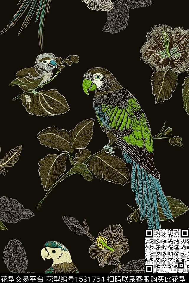 鸟鹦鹉花卉数码印花华亿平台下载（图片编号: 1591754） - 瓦栏（Walan）