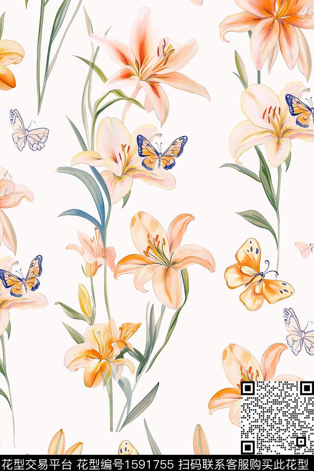 花卉水彩花卉蝴蝶数码印花华亿平台下载（图片编号: 1591755） - 瓦栏（Walan）