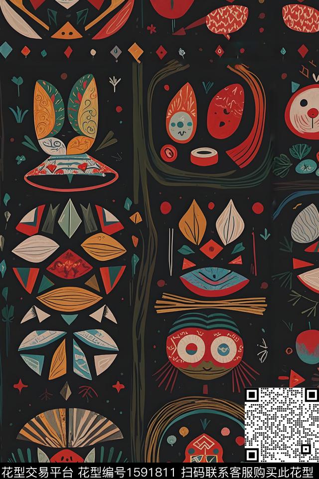 抽象趣味黑底数码印花华亿平台下载（图片编号: 1591811） - 瓦栏（Walan）