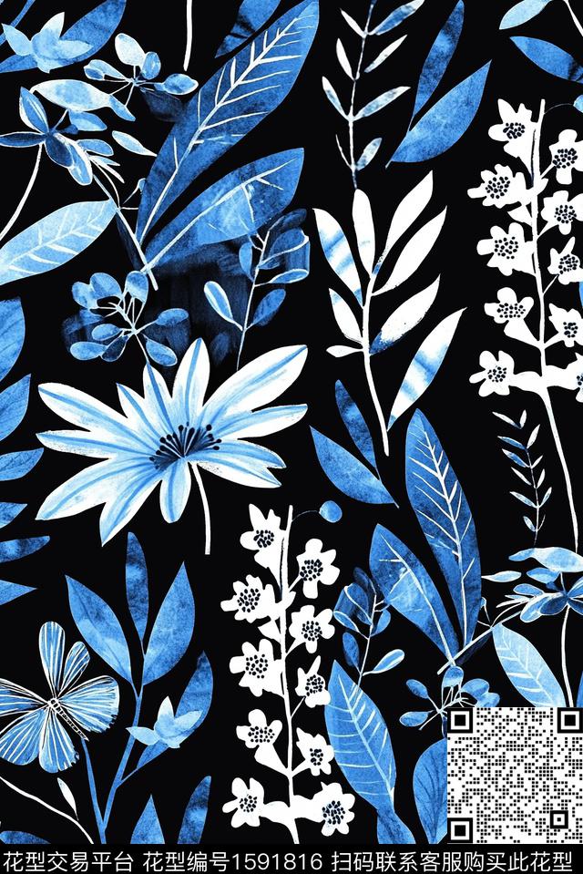 花卉水彩花卉黑底花卉数码印花华亿平台下载（图片编号: 1591816） - 瓦栏（Walan）