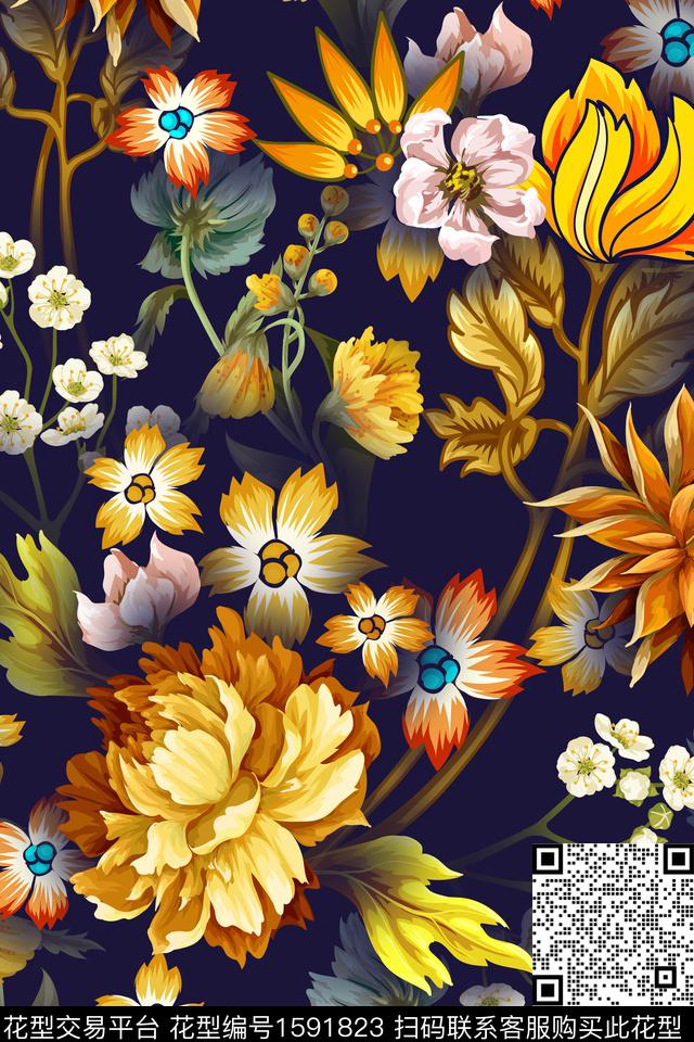 影花黑底花卉中老年华亿平台数码印花华亿平台下载（图片编号: 1591823） - 瓦栏（Walan）
