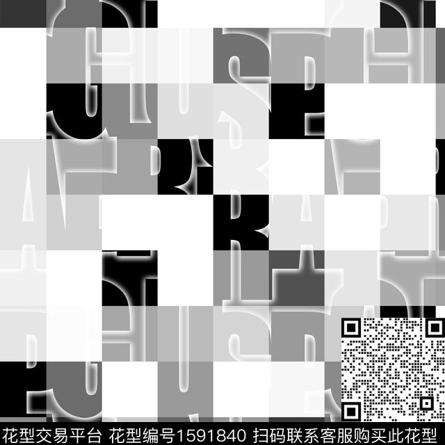黑白华亿平台格子字母数码印花华亿平台下载（图片编号: 1591840） - 瓦栏（Walan）