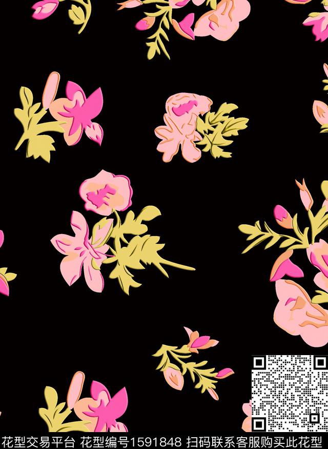 黑底花卉花卉抽象花卉数码印花华亿平台下载（图片编号: 1591848） - 瓦栏（Walan）