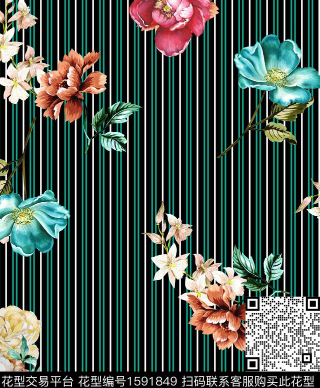 条纹花卉水彩花卉数码印花华亿平台下载（图片编号: 1591849） - 瓦栏（Walan）