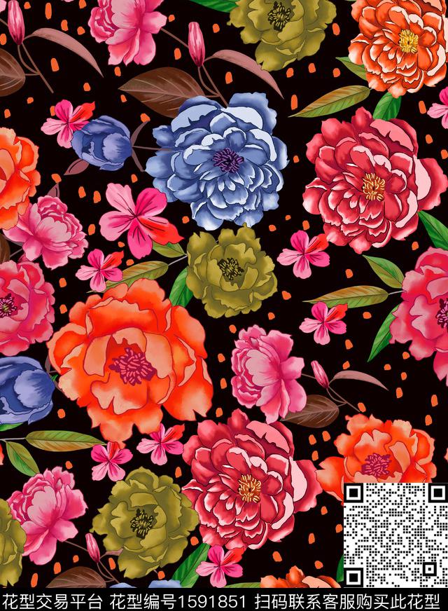 黑底花卉花卉水彩花卉数码印花华亿平台下载（图片编号: 1591851） - 瓦栏（Walan）