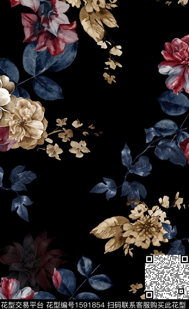 花卉黑底花卉影花数码印花华亿平台下载（图片编号: 1591854） - 瓦栏（Walan）
