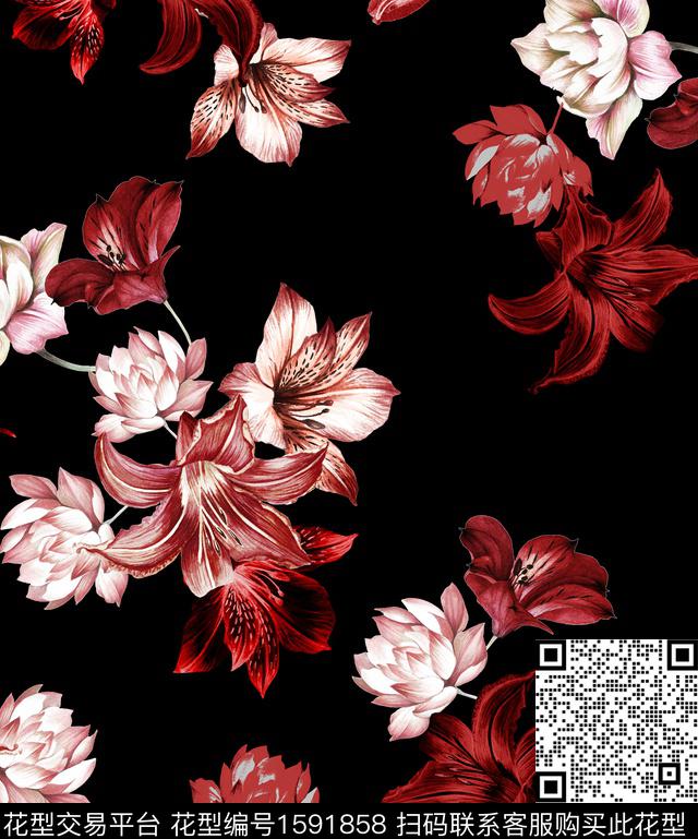 写实复古黑底花卉数码印花华亿平台下载（图片编号: 1591858） - 瓦栏（Walan）