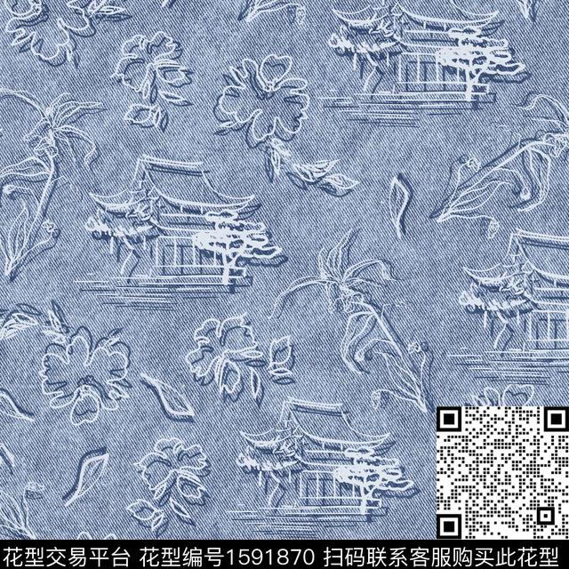 牛仔线条花卉牛仔纹理数码印花华亿平台下载（图片编号: 1591870） - 瓦栏（Walan）