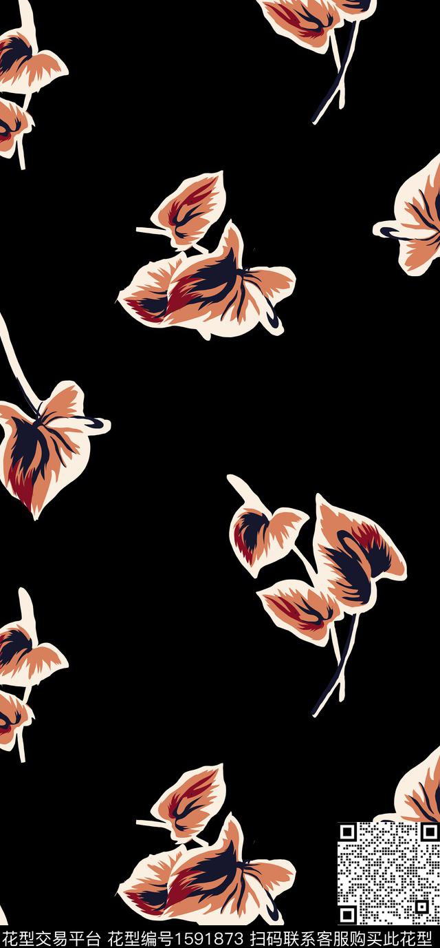 黑底花卉花卉红掌传统印花华亿平台下载（图片编号: 1591873） - 瓦栏（Walan）