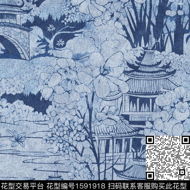 牛仔纹理亭台楼阁线描工笔画数码印花华亿平台下载（图片编号: 1591918） - 瓦栏（Walan）
