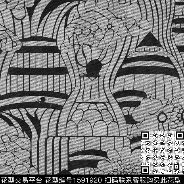 线描花卉牛仔纹理线条工笔画数码印花华亿平台下载（图片编号: 1591920） - 瓦栏（Walan）