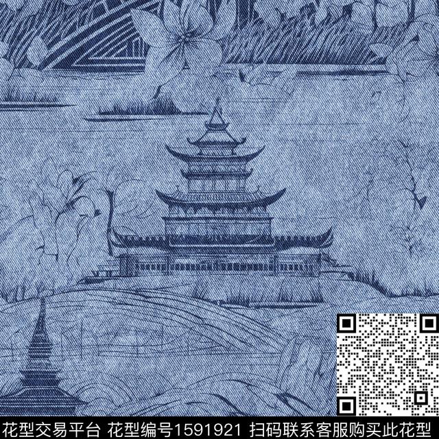 牛仔纹理亭台楼阁线描工笔画数码印花华亿平台下载（图片编号: 1591921） - 瓦栏（Walan）