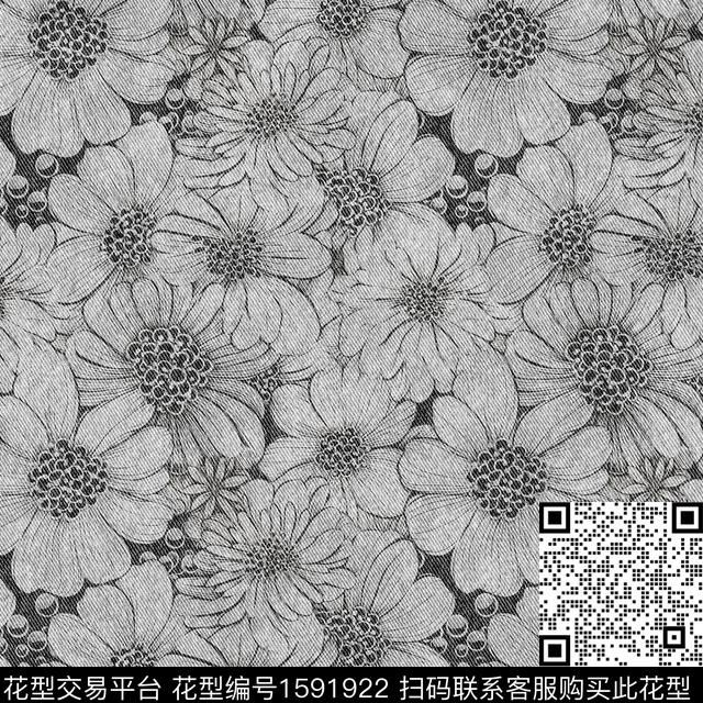 花卉牛仔线条花卉数码印花华亿平台下载（图片编号: 1591922） - 瓦栏（Walan）