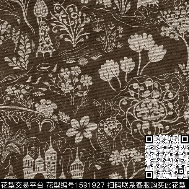 建筑牛仔花卉数码印花华亿平台下载（图片编号: 1591927） - 瓦栏（Walan）