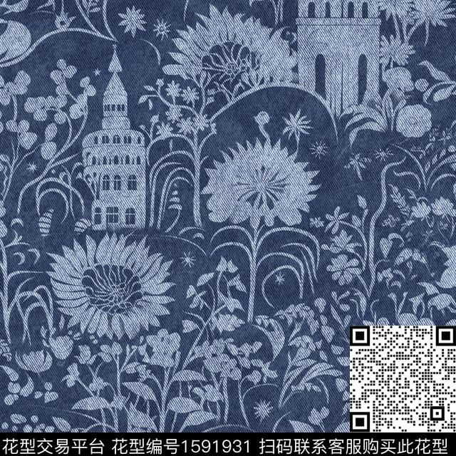 建筑牛仔花卉数码印花华亿平台下载（图片编号: 1591931） - 瓦栏（Walan）