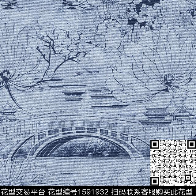 牛仔纹理亭台楼阁线条花卉数码印花华亿平台下载（图片编号: 1591932） - 瓦栏（Walan）