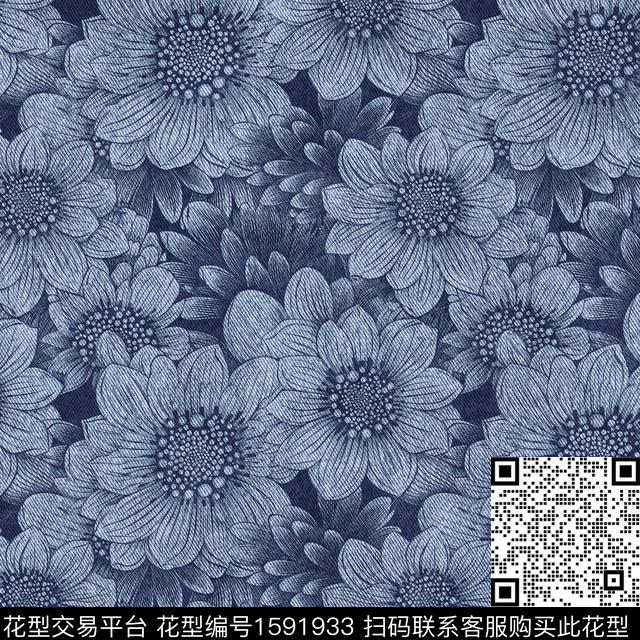 花卉牛仔线条花卉数码印花华亿平台下载（图片编号: 1591933） - 瓦栏（Walan）