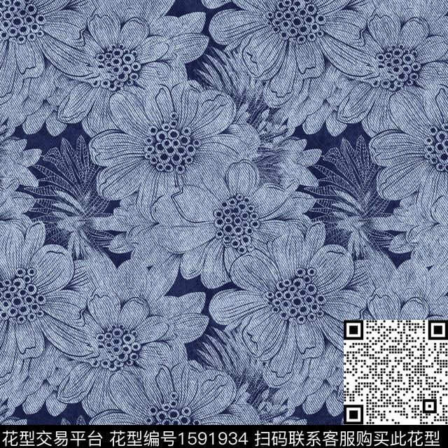 花卉牛仔线条花卉数码印花华亿平台下载（图片编号: 1591934） - 瓦栏（Walan）