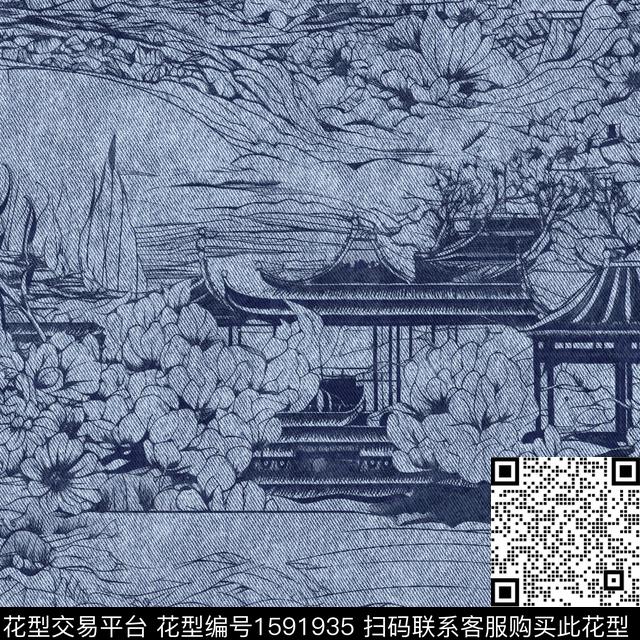 牛仔纹理亭台楼阁线条花卉数码印花华亿平台下载（图片编号: 1591935） - 瓦栏（Walan）