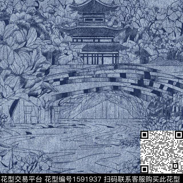 牛仔纹理亭台楼阁线条花卉数码印花华亿平台下载（图片编号: 1591937） - 瓦栏（Walan）