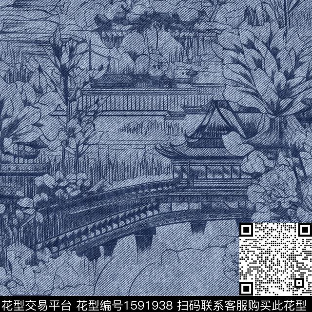 牛仔纹理亭台楼阁线条花卉数码印花华亿平台下载（图片编号: 1591938） - 瓦栏（Walan）