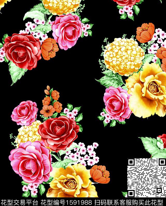 花卉黑底花卉水彩花卉数码印花华亿平台下载（图片编号: 1591988） - 瓦栏（Walan）