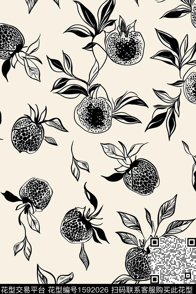 石榴水果黑白数码印花华亿平台下载（图片编号: 1592026） - 瓦栏（Walan）