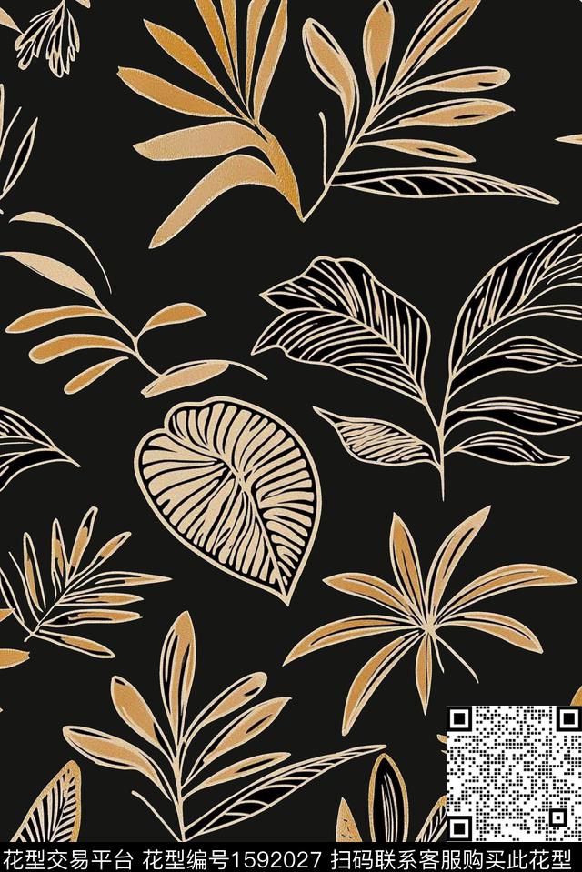 线条黑底热带数码印花华亿平台下载（图片编号: 1592027） - 瓦栏（Walan）