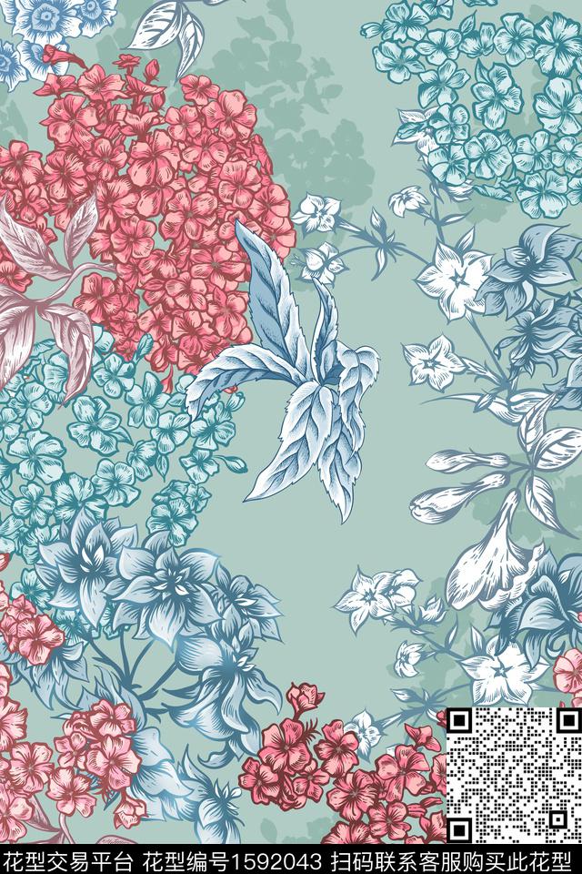 花卉绣球花剪影数码印花华亿平台下载（图片编号: 1592043） - 瓦栏（Walan）