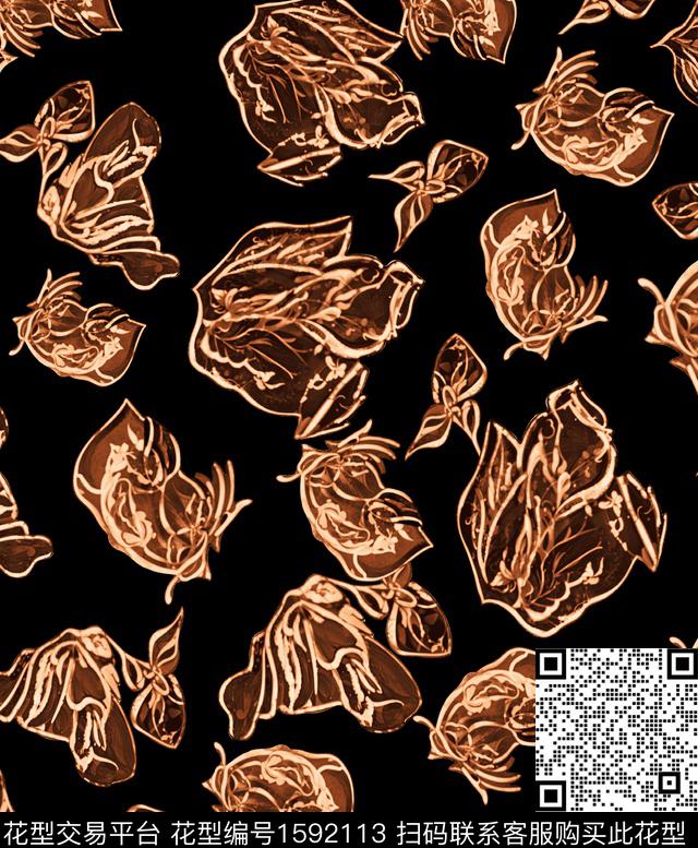 抽象抽象花卉黑底花卉数码印花华亿平台下载（图片编号: 1592113） - 瓦栏（Walan）
